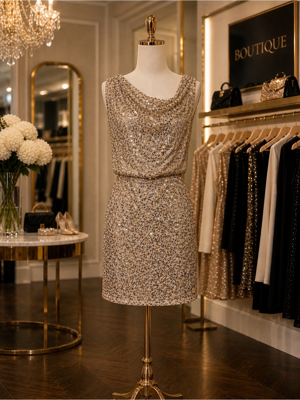 Gold Sequin Cowl Neck Cocktail Dress, Size XS